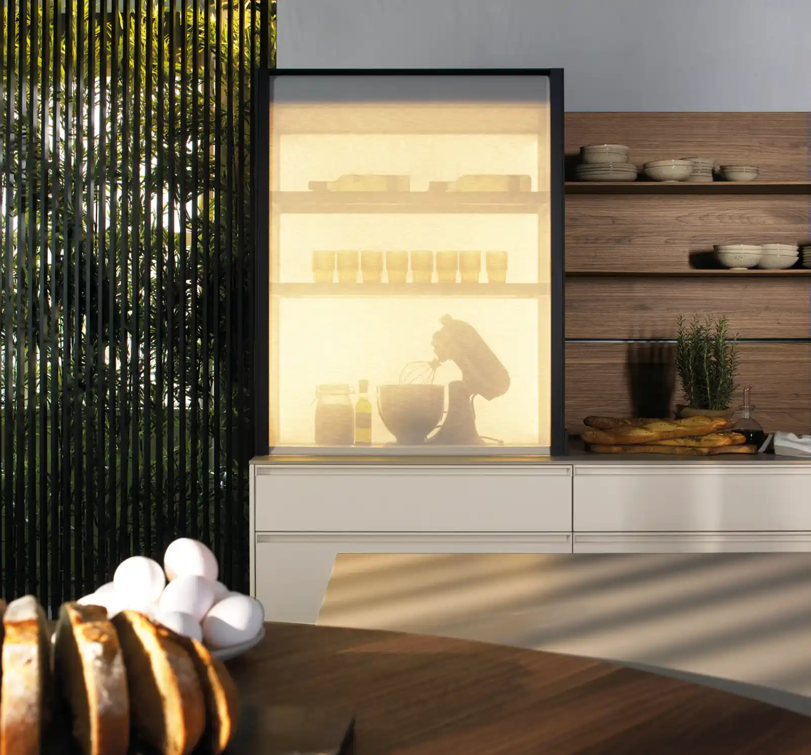 Ambiance chaleureuse dans une cuisine contemporaine avec éclairage intégré, étagères en bois et table en bois massif