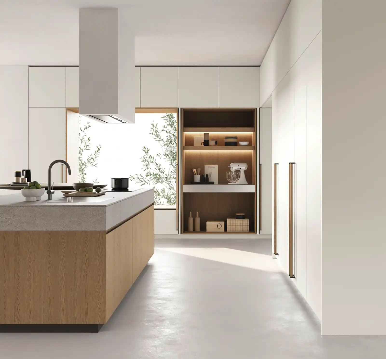 Cuisine contemporaine avec îlot central, rangements intégrés et matériaux naturels