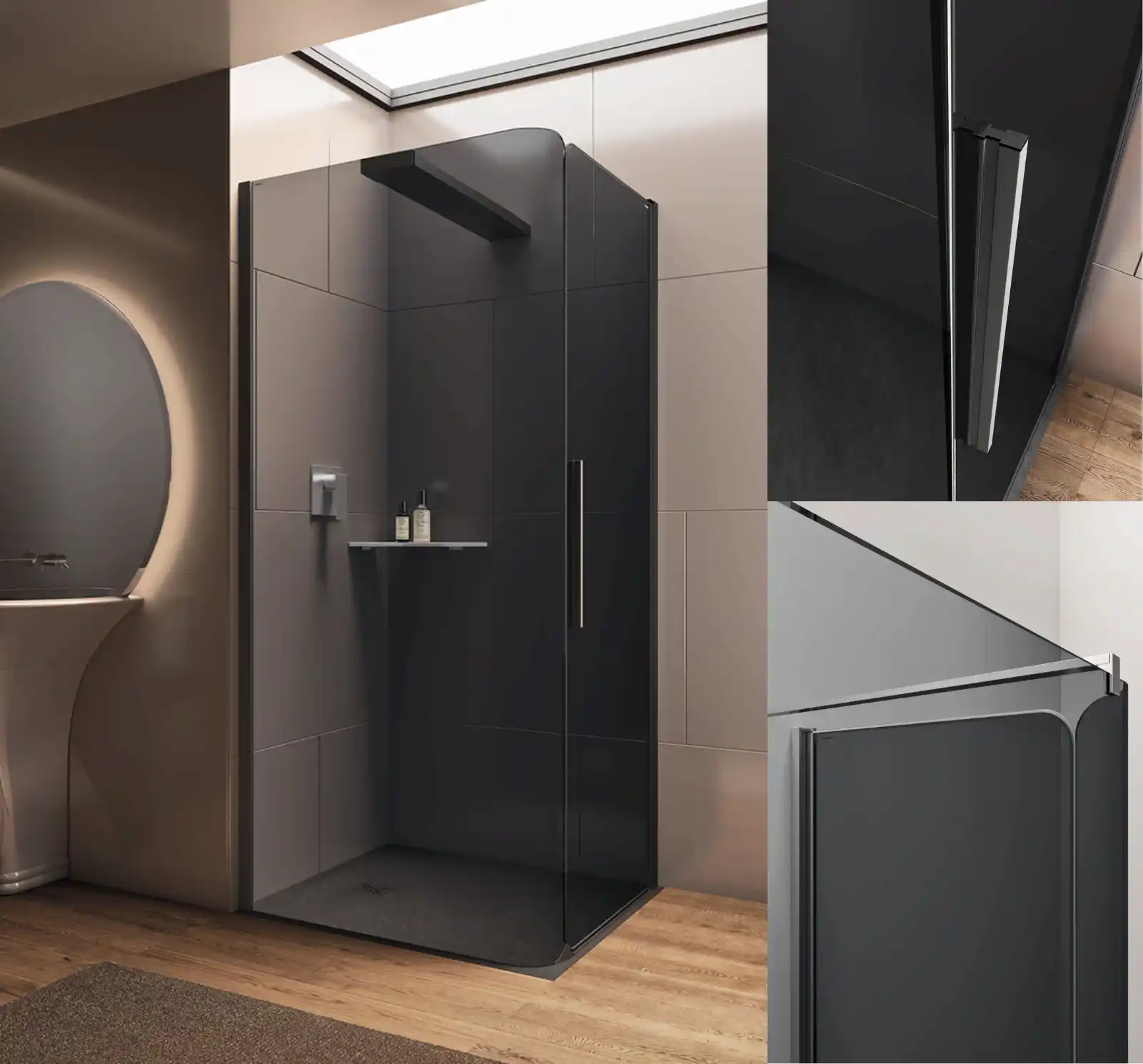 Douche contemporaine avec parois vitrées, robinetterie noire et agencement minimaliste